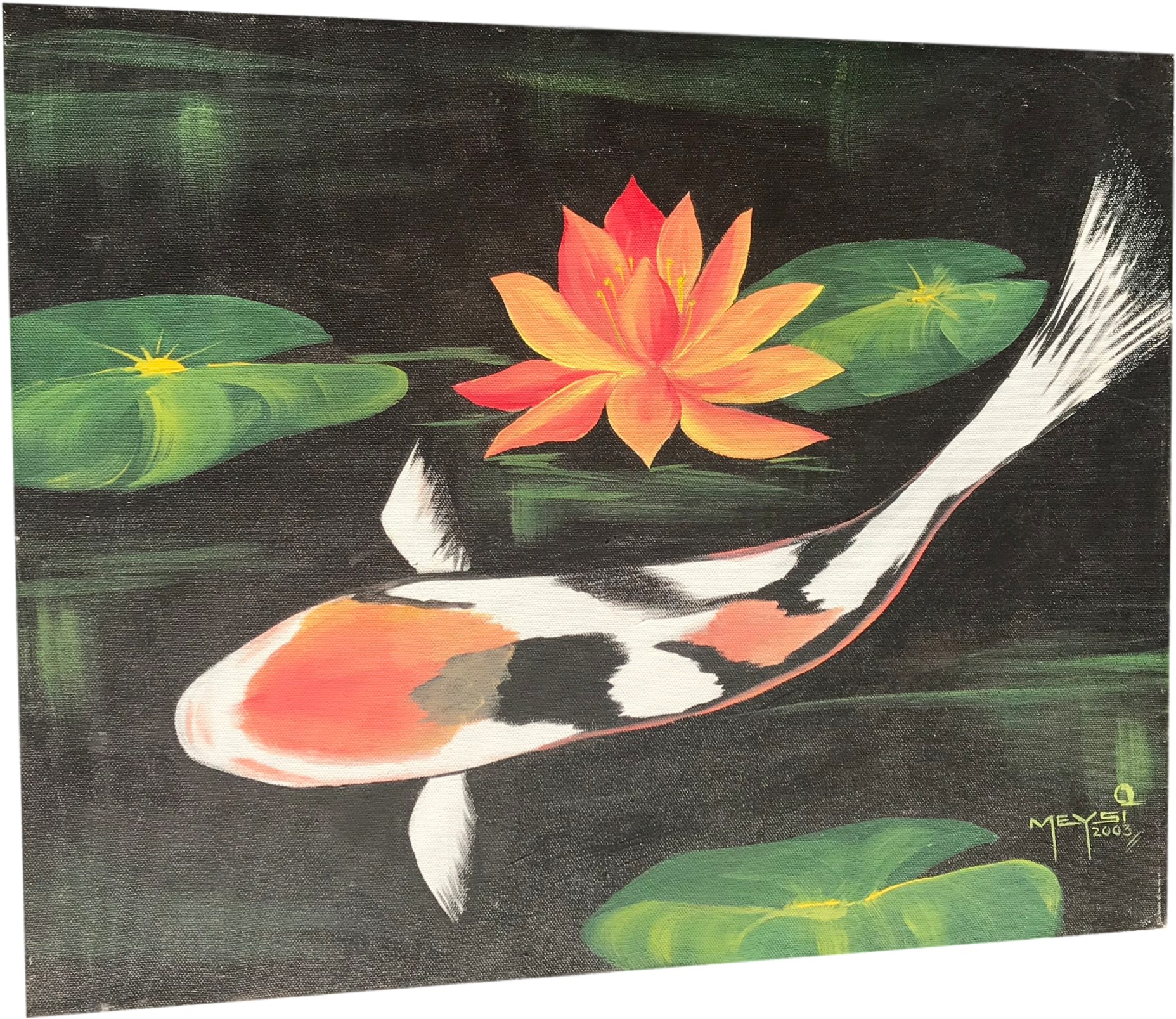 Original Koi Fish & Lotus Orange & Green Painting Feng - Painting (2034x1761), Png Download
