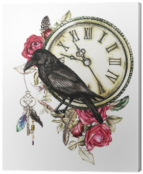 Watercolor Illustration With Crow, Red Roses, Clock, - Gothic Crow And Key Tattoo (400x400), Png Download