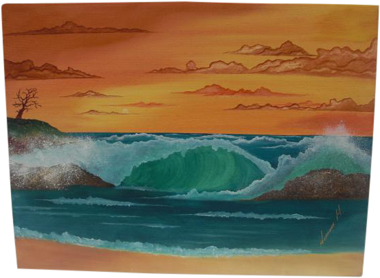 "crashing Waves Seascape At Sunset" Painting - Painting (613x449), Png Download