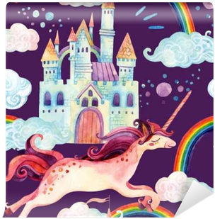 Watercolor Unicorn And Castle Seamless Pattern Wall - Unicorn (400x400), Png Download