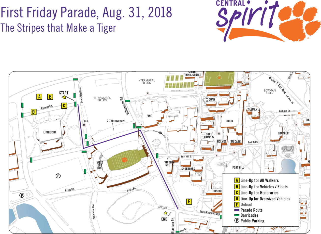 Map Of The 2018 First Friday Parade Route - First Friday Parade Clemson 2018 (1324x1000), Png Download