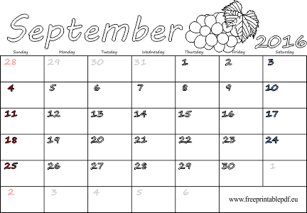 September 2016 Download Pdf - September Printable Calendar 2016 Pdf (432x300), Png Download