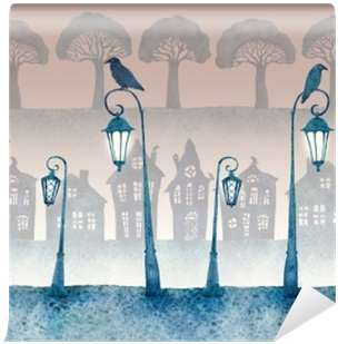Endless Street With Lighted Lanterns, Ravens And Silhouettes - Lienzos Pintado La Noche Con Linternas Encendidas (400x400), Png Download