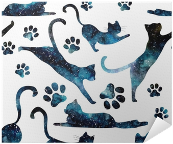 Seamless Pattern Of Watercolor Starry Sky And Cats - Watercolor Painting (400x400), Png Download