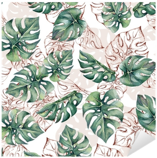 Tropical Seamless Pattern With Watercolor And Outline - Contour De Page Fueille (400x400), Png Download