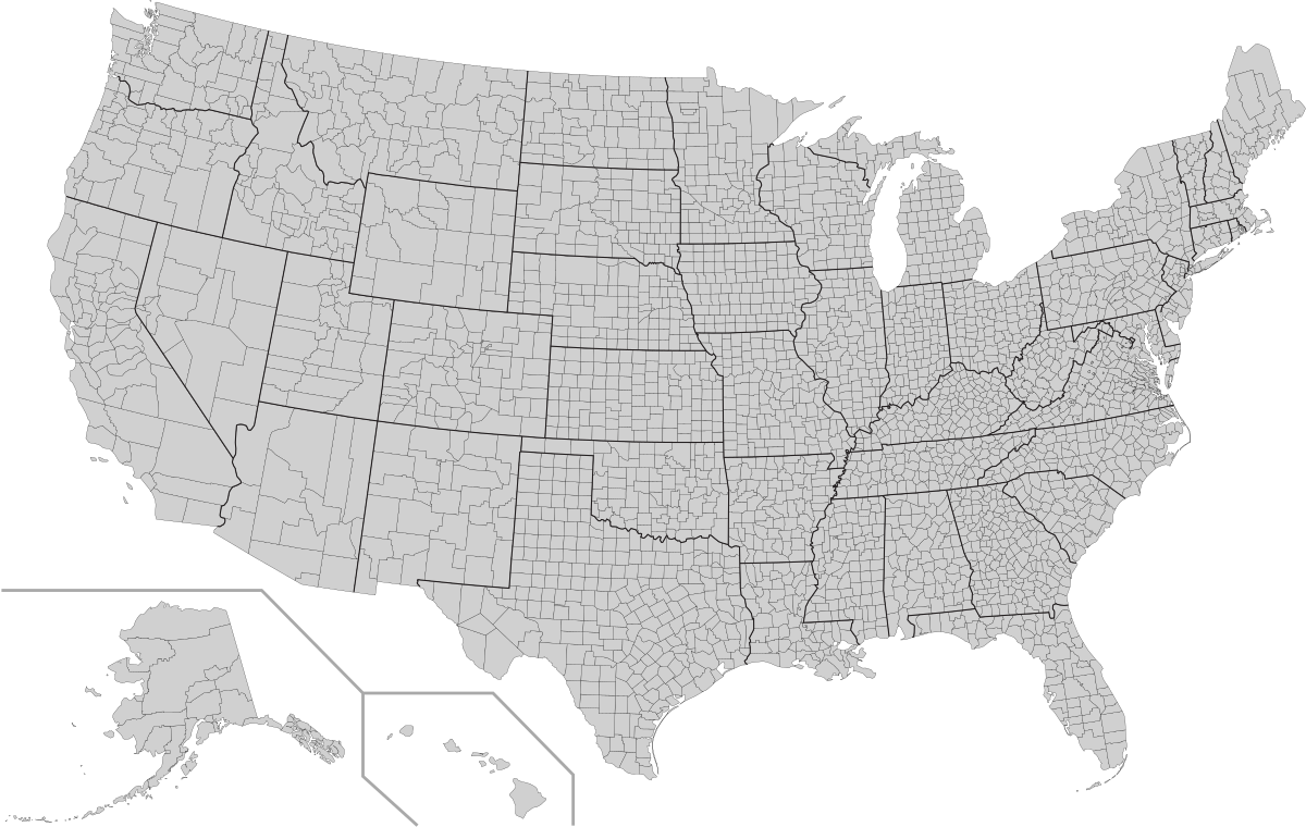 Blank Map Of Us Counties (1200x760), Png Download