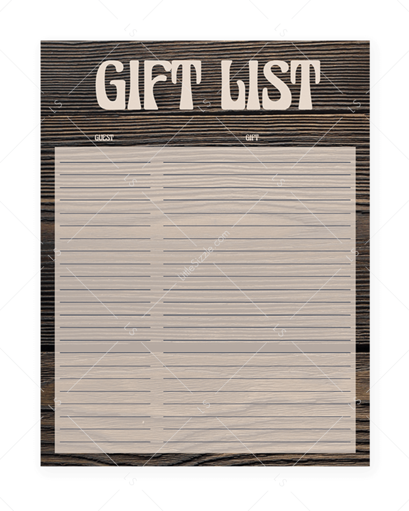 Printable Dark Wood Gift List For Rustic Party By Littlesizzle (819x1024), Png Download