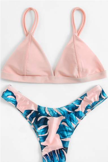 Padded Jungle Leaves Print Double Strap Two-piece Bikini - Bikini Shein (800x800), Png Download