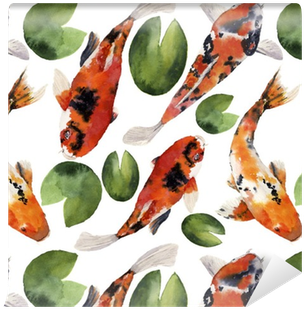 Watercolor Oriental Rainbow Carp With Water Lily Seamless - Watercolor Painting (400x400), Png Download