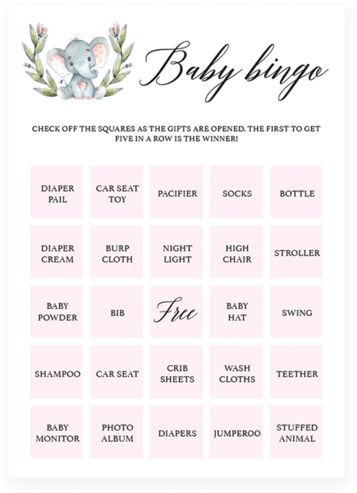 Pink Elephant Shower Baby Bingo Cards By Littlesizzle - Paper (819x1024), Png Download