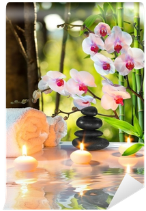 Massage Composition Spa With Candles, Orchids, Stones - Shower Curtains Bathroom Spa Massage Decor Home Bath (400x400), Png Download
