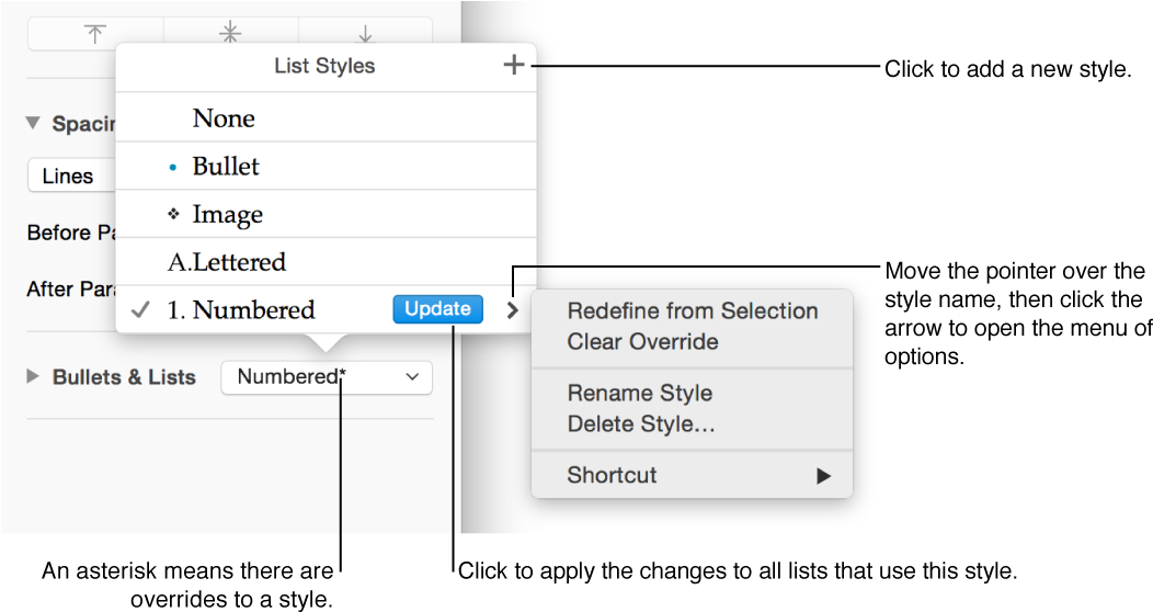 List Styles Pop-up Menu Showing An Asterisk Indicating (1068x564), Png Download