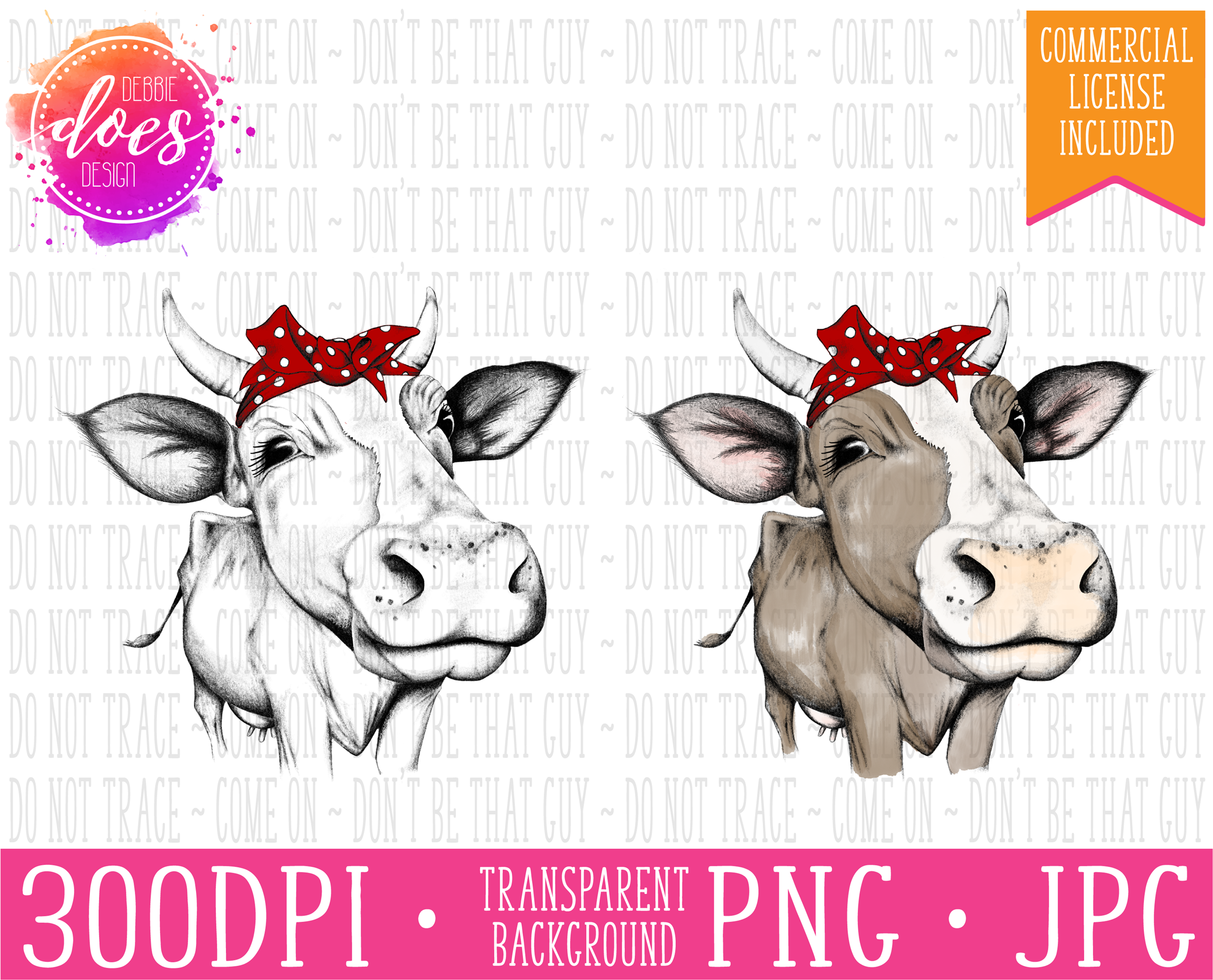 Female/heifer Hand Drawn Cow With Bandana And Horns (3000x2000), Png Download