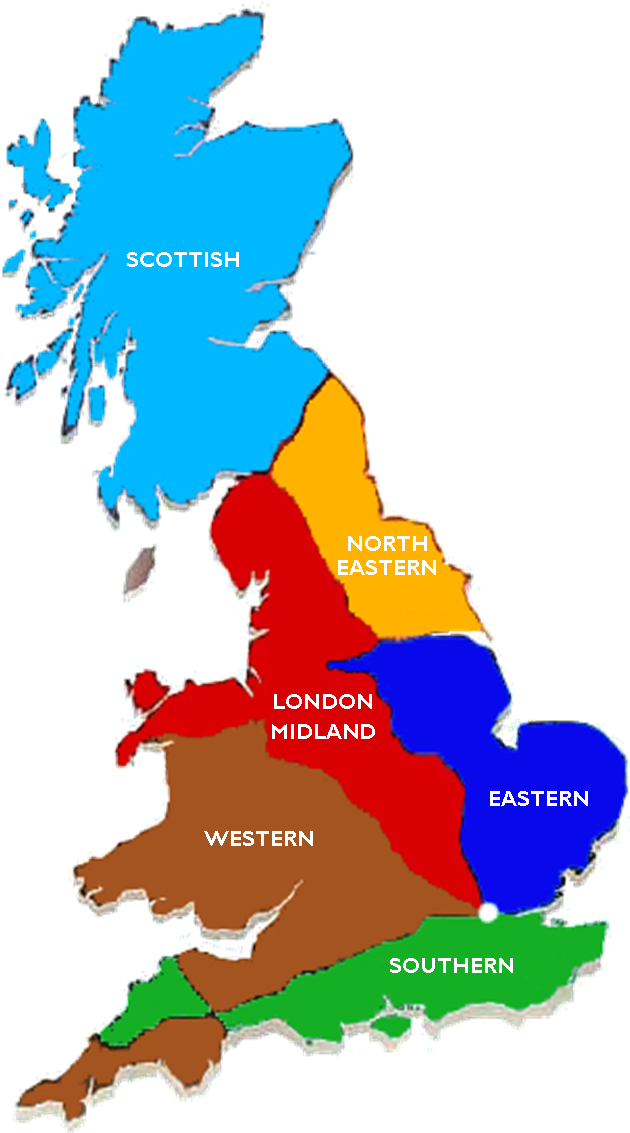 Railway Cottage Holidays - Map Of British Railway Regions (637x1139), Png Download