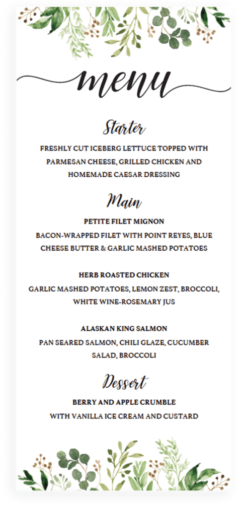 Green Wedding Menu Cards Template By Papersizzle - Wedding Menu Greenery (819x1024), Png Download