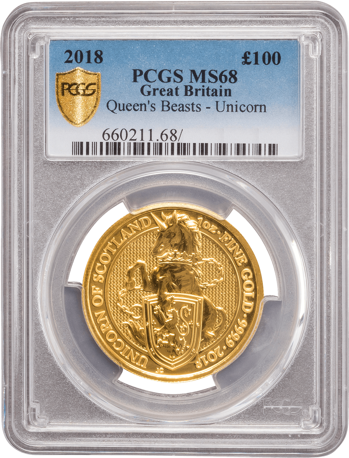 Pcgs 2018 1oz Gold Queen's Beast 'unicorn' Ms68 - Cash (1485x1980), Png Download