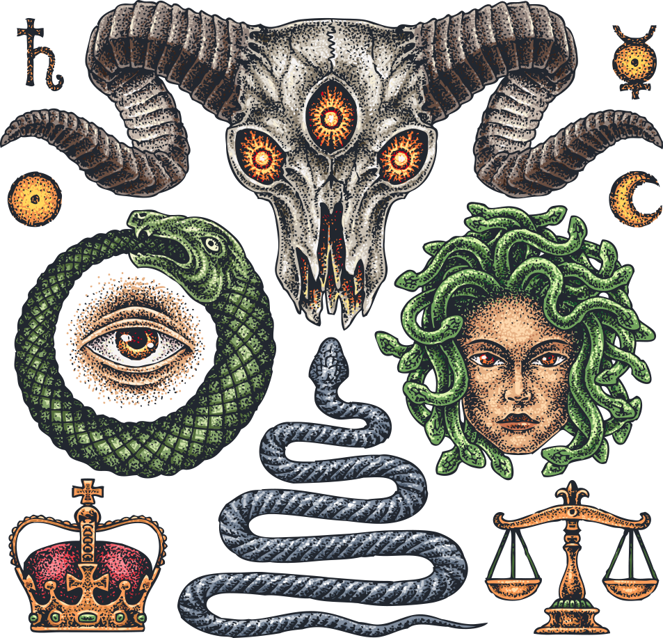 Occult And School Old Tattoo Flash Clipart - Old School Snakes Tattoo (953x917), Png Download