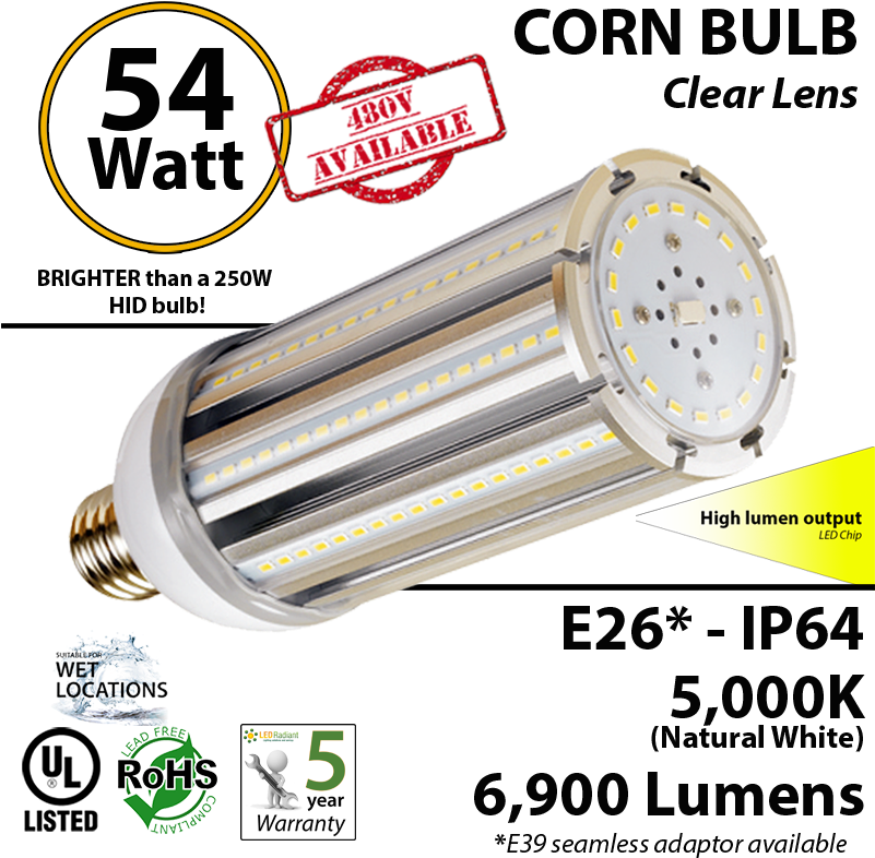 300 Watt Halogen Light Bulb Equivalent 54w Led Corn - 300 Watt Incandescent Led Replacement (800x804), Png Download