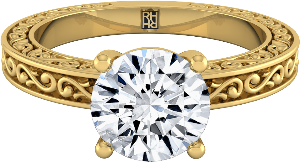 Diamond Solitaire Engagement Ring With Scroll Detail - Diamond Cut (1200x1200), Png Download