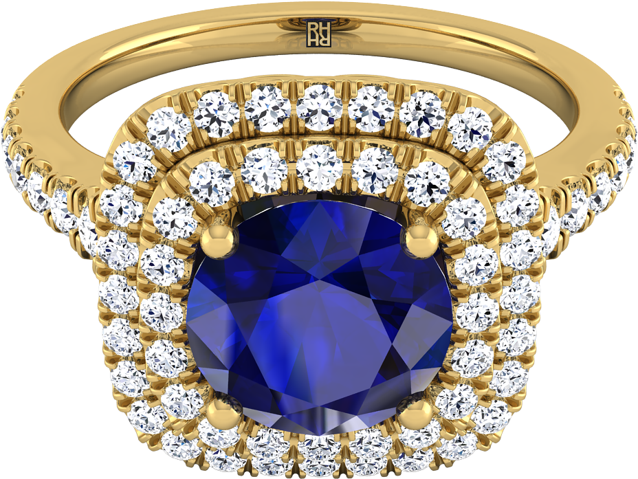 Sapphire Round Center With Diamond Double Halo Engagement - Engagement Ring (1200x1200), Png Download