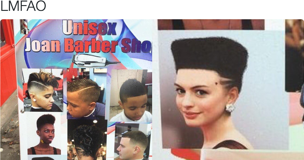 A Barber's Sign Has A Photoshop Of Anne Hathaway With - Anne Hathaway With A High Top Fade (1042x542), Png Download