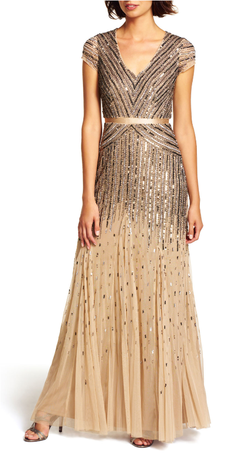 Adrianna Papell Mesh Cap Sleeve Beaded V-neck Gown - Adrianna Papell V Neck Dress (603x900), Png Download