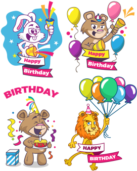 Happy Birthday Set Of Greeting Cards With Cute Animals, - Birthday (360x360), Png Download