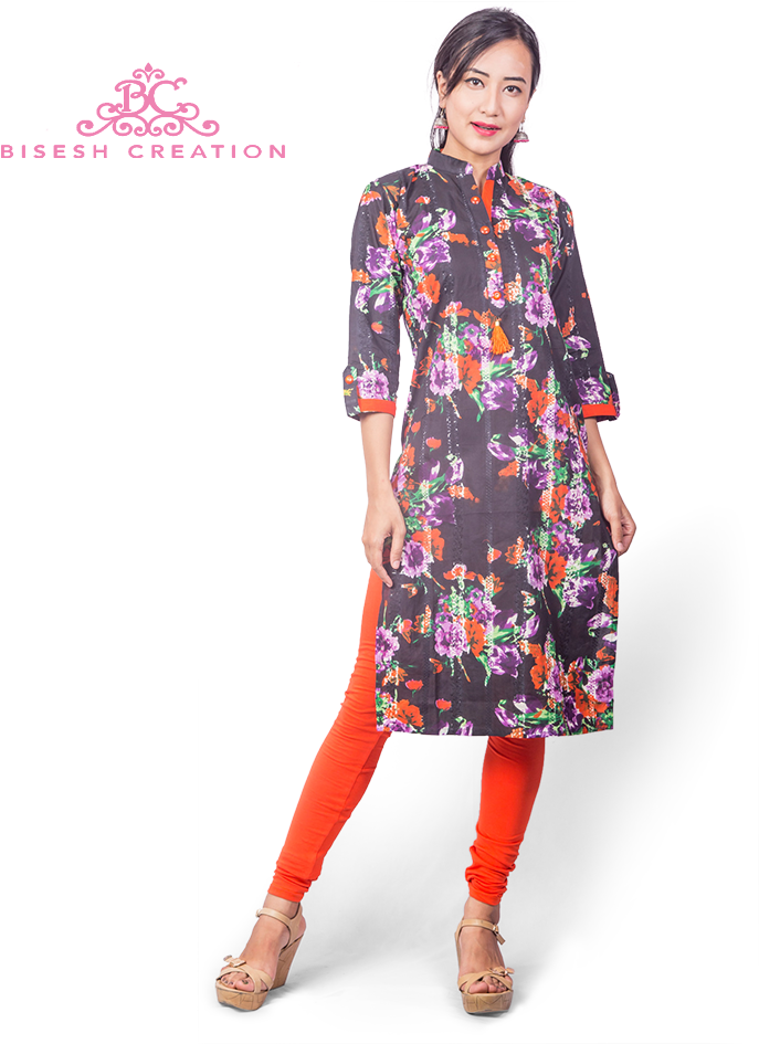 Black Chikan Floral Printed Kurti With Pure Cotton - Silk (1000x1000), Png Download