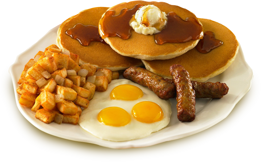 A Plate Of Eggs, Pancakes, Sausages, And Hash Browns - Plate Of Breakfast Food (851x540), Png Download