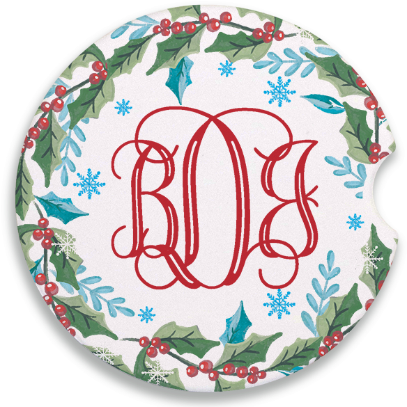 Holly Monogram Sandstone Ceramic Car Coaster - Circle (600x610), Png Download