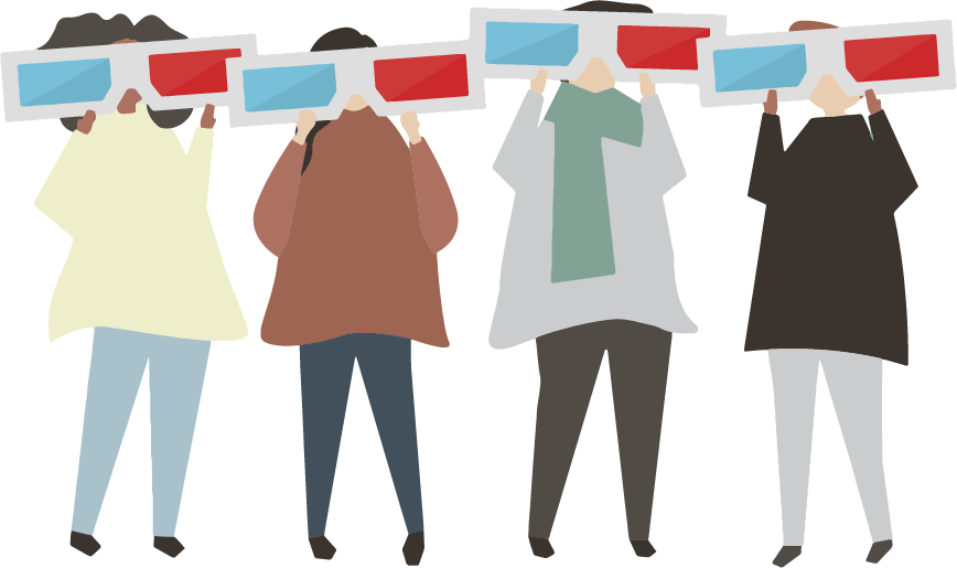 Motion Design Image With Four People Watching A Movie - Speech Bubbles With People (868x515), Png Download