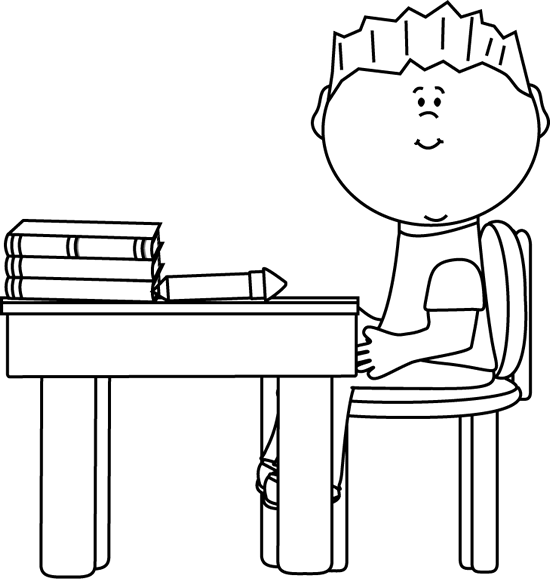 Black And White Little Boy At School Desk - School Clipart Black And Whiteç (550x579), Png Download
