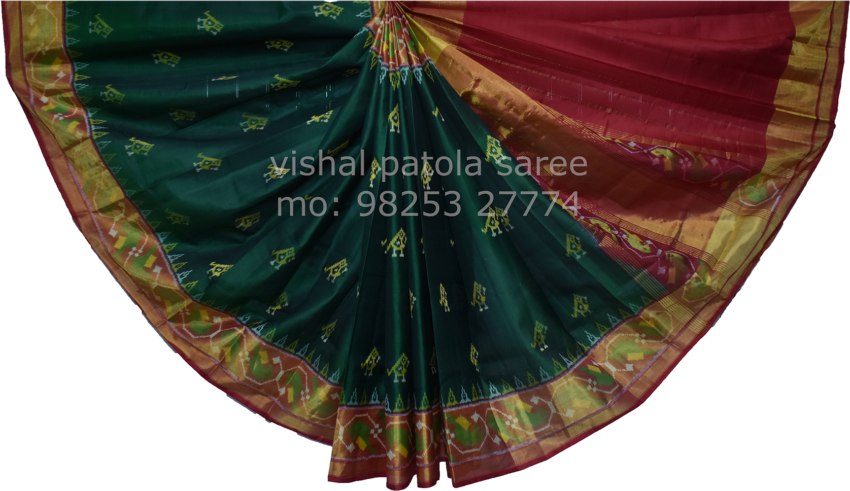 Green Parrot Designed Patola Saree - Umbrella (2000x1333), Png Download