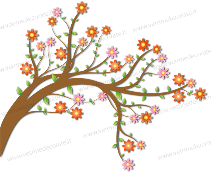 535 Branch With Coloured Flowers And Green Leaves (700x825), Png Download