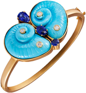 Turquoise, Diamond, Sapphire & 18kt Yelllow Gold Bangle - Ring (600x600), Png Download