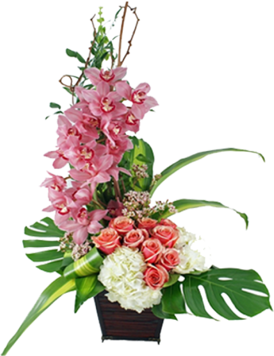 Flower Arrangement With Wooden Base - Flower Arrangement In Base (800x1000), Png Download