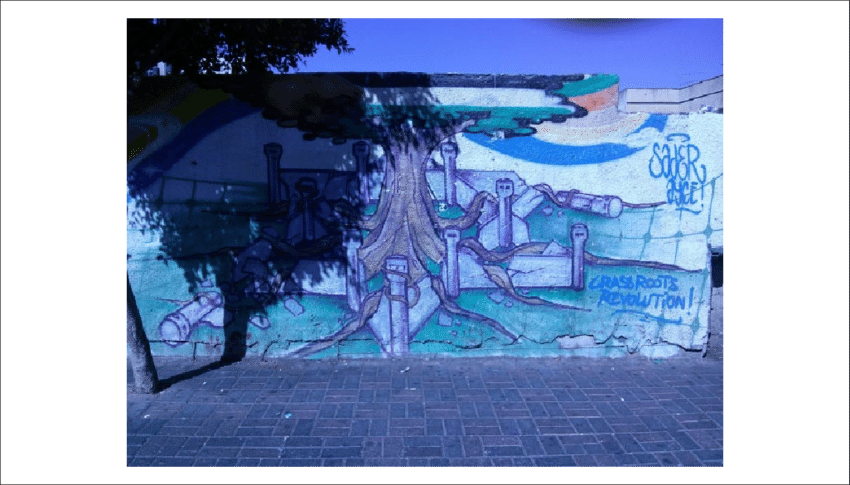 A Mural Of A Tree Confined By A Metal Enclosure Shaped - Painting (850x485), Png Download