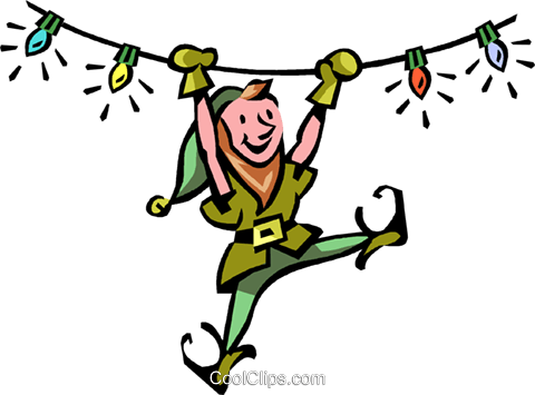 An Elf Swinging From Christmas Lights Royalty Free - Christmas Light And Elf Clipart (480x355), Png Download