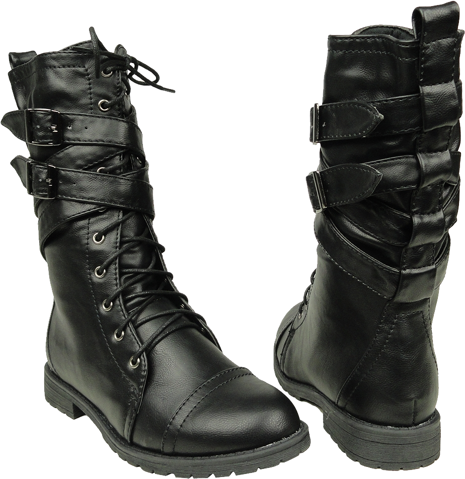 Women's Mid Calf Cross Strap Buckle Combat Boots Png - Womens Black Buckle Combat Boot (1000x999), Png Download
