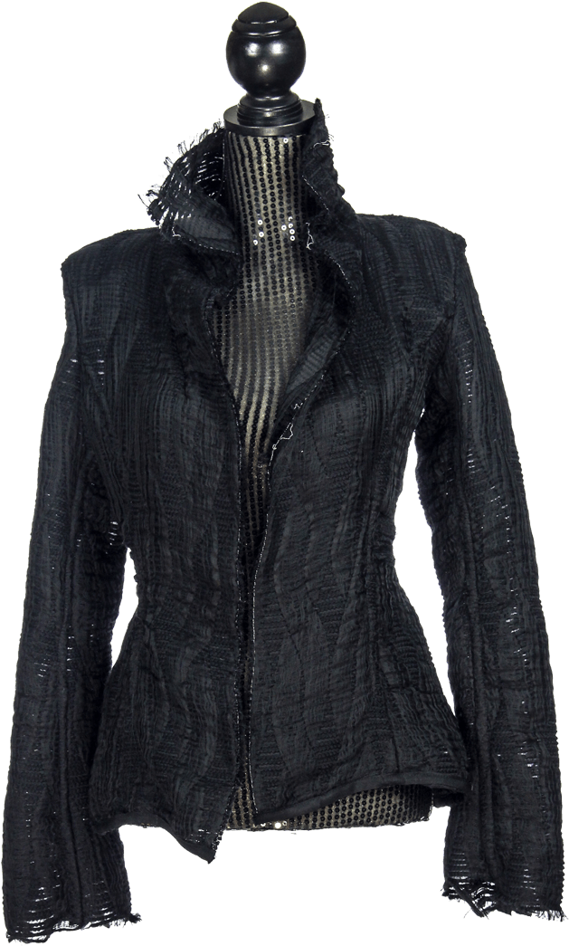 Cream Silk Jacket Black Lace Trim - Zipper (698x1215), Png Download