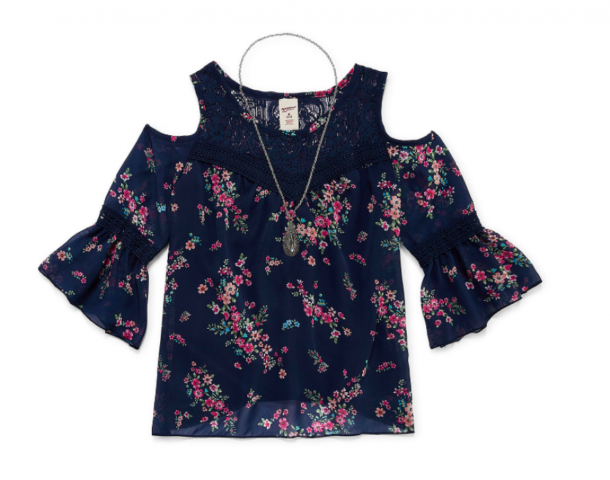 Arizona Blue Wt Pink Petals 3/4 Lace Trim Cold Shoulder - Blouse (875x1000), Png Download