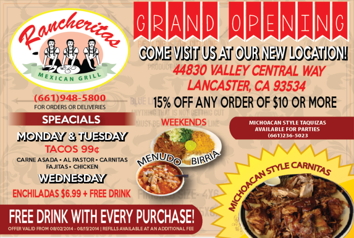 Rancheritas Grand Opening Postcards - Flyer (700x471), Png Download