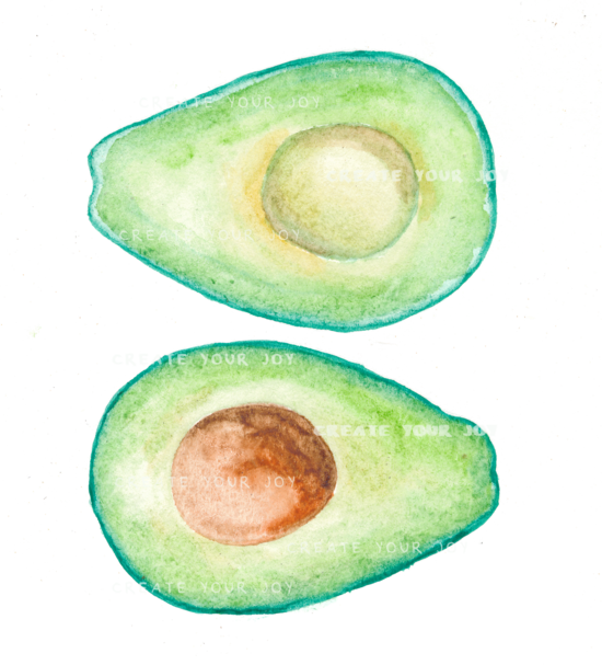 Watercolor Avocado Set Digital Download Png Files - Avocado (550x607), Png Download