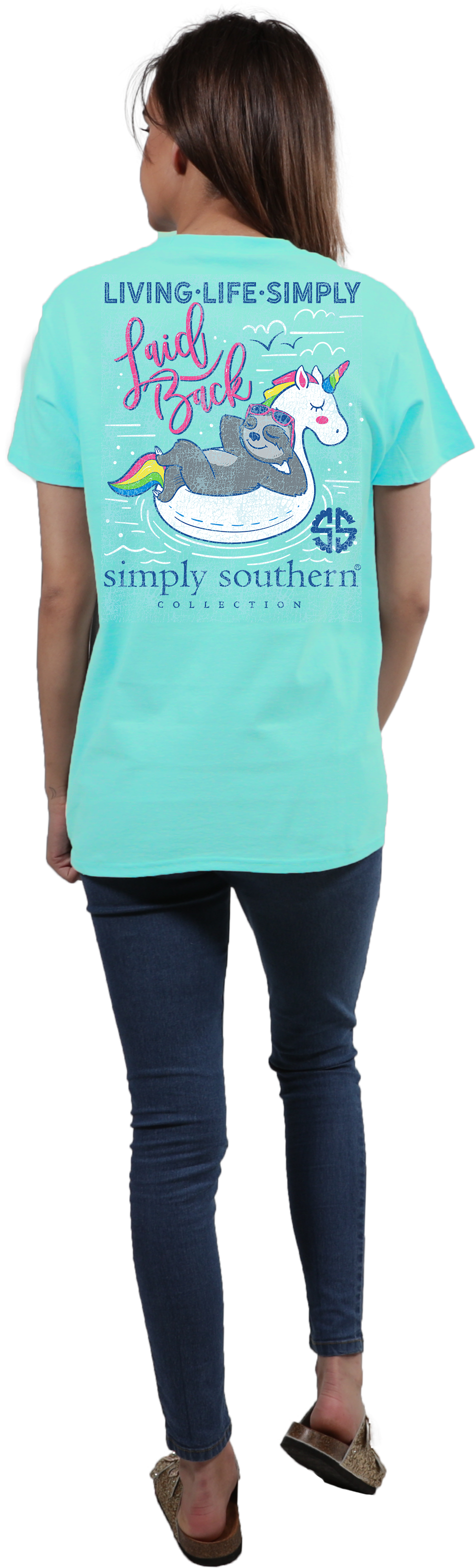 'laid Back' Unicorn Float Distressed Short Sleeve Tee - Mallard (1518x3242), Png Download