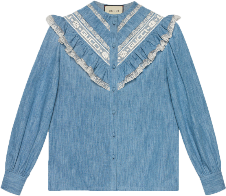 Gucci Denim Ruffle Shirt - Cardigan (800x764), Png Download