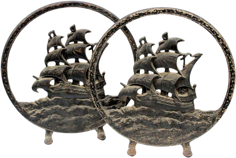 Vintage Old Nautical Tall Ships Round Andirons Firedogs - Antique (815x815), Png Download