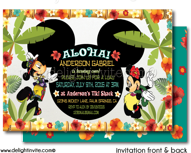 Mickey And Minnie Hawaiian Luau Birthday Invitation - Retro Minnie Mouse Invitations (656x530), Png Download