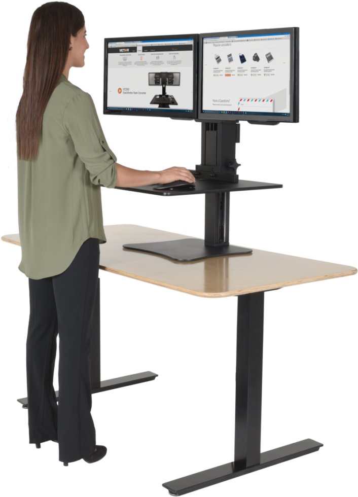 Victor High Rise Dc Dual Monitor Standing Desk Workstation - Stand Desk Png (847x1068), Png Download
