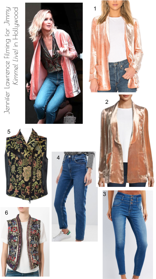 Jennifer Lawrence Fashion Style Filming For Jimmy Kimmel - Jennifer Lawrence Velvet Jacket (540x960), Png Download