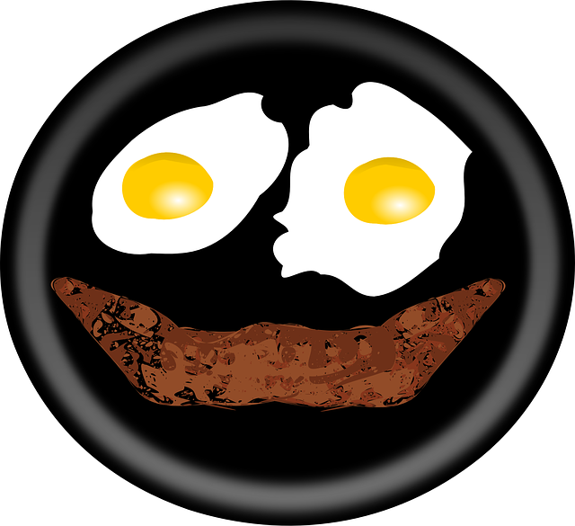 Caged Eggs And Bacon - Scrambled Eggs Vector Png (640x585), Png Download